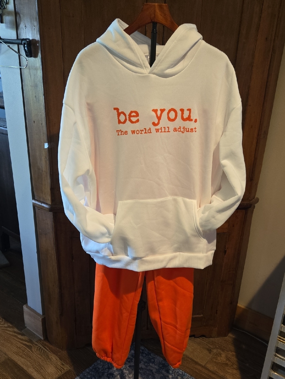 White Hoodie with Orange Text - Be You - With Orange Sweat Pants